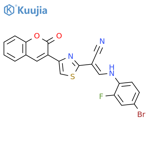 (2E)-3-(4-bromo-2-fluorophenyl)amino-2-4-(2-oxo-2H-chromen-3-yl)-1,3-thiazol-2-ylprop-2-enenitrile structure