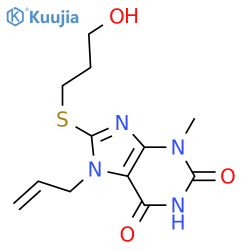 8-(3-hydroxypropyl)sulfanyl-3-methyl-7-(prop-2-en-1-yl)-2,3,6,7-tetrahydro-1H-purine-2,6-dione structure