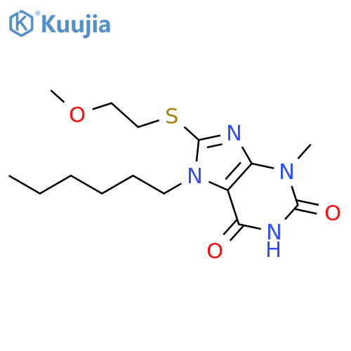 7-hexyl-8-(2-methoxyethyl)sulfanyl-3-methyl-2,3,6,7-tetrahydro-1H-purine-2,6-dione structure
