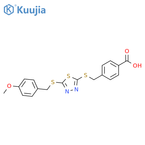 4-{(5-{(4-methoxyphenyl)methylsulfanyl}-1,3,4-thiadiazol-2-yl)sulfanylmethyl}benzoic acid structure