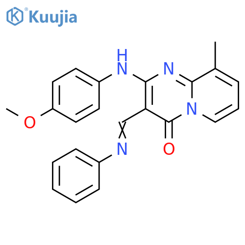 2-(4-methoxyphenyl)amino-9-methyl-3-(1E)-(phenylimino)methyl-4H-pyrido1,2-apyrimidin-4-one structure