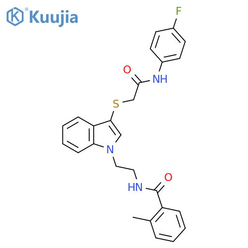 N-{2-3-({(4-fluorophenyl)carbamoylmethyl}sulfanyl)-1H-indol-1-ylethyl}-2-methylbenzamide structure