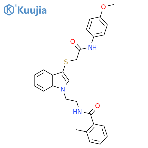 N-{2-3-({(4-methoxyphenyl)carbamoylmethyl}sulfanyl)-1H-indol-1-ylethyl}-2-methylbenzamide structure