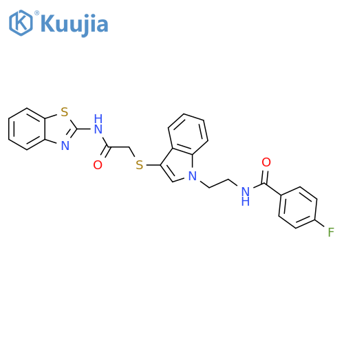 N-{2-[3-({[(1,3-benzothiazol-2-yl)carbamoyl]methyl}sulfanyl)-1H-indol-1-yl]ethyl}-4-fluorobenzamide structure