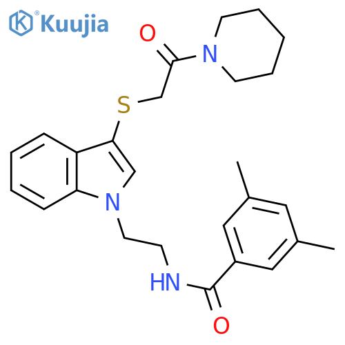 3,5-dimethyl-N-2-(3-{2-oxo-2-(piperidin-1-yl)ethylsulfanyl}-1H-indol-1-yl)ethylbenzamide structure