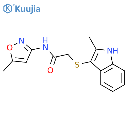 N-(5-methyl-1,2-oxazol-3-yl)-2-(2-methyl-1H-indol-3-yl)sulfanylacetamide structure