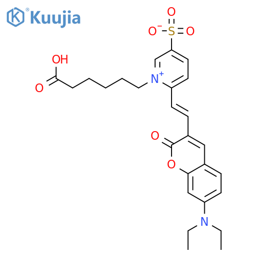 1-(5-carboxypentyl)-6-{(E)-2-[7-(diethylamino)-2-oxo-2H-chromen-3-yl]ethenyl}pyridinium-3-sulfonate structure