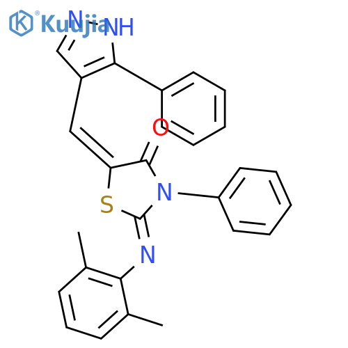 (2Z,5Z)-2-[(2,6-dimethylphenyl)imino]-3-phenyl-5-[(5-phenyl-1H-pyrazol-4-yl)methylidene]-1,3-thiazolidin-4-one structure