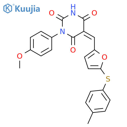 (5Z)-1-(4-methoxyphenyl)-5-({5-[(4-methylphenyl)sulfanyl]furan-2-yl}methylidene)pyrimidine-2,4,6(1H,3H,5H)-trione structure