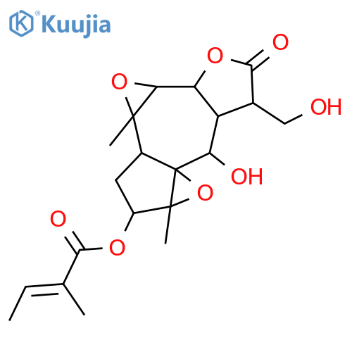2-Methyl-2-butenoic acid [decahydro-8-hydroxy-7-hydroxymethyl-1a,3b-dimethyl-6-oxo-3H-bisoxireno[3,3a:7,8]azuleno[6,5-b]furan-2-yl] ester structure