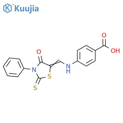 4-({(5Z)-4-oxo-3-phenyl-2-sulfanylidene-1,3-thiazolidin-5-ylidenemethyl}amino)benzoic acid structure