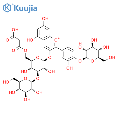 3-[[6-O-(2-Carboxyacetyl)-3-O-beta-D-glucopyranosyl-beta-D-glucopyranosyl]oxy]-2-[4-(beta-D-glucopyranosyloxy)-3-hydroxyphenyl]-5,7-dihydroxy-1-benzopyrylium structure