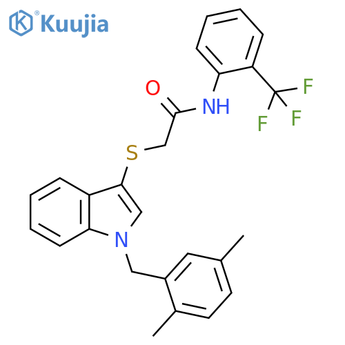 2-({1-(2,5-dimethylphenyl)methyl-1H-indol-3-yl}sulfanyl)-N-2-(trifluoromethyl)phenylacetamide structure