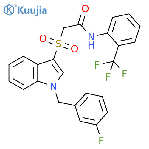 2-({1-(3-fluorophenyl)methyl-1H-indol-3-yl}sulfonyl)-N-2-(trifluoromethyl)phenylacetamide structure
