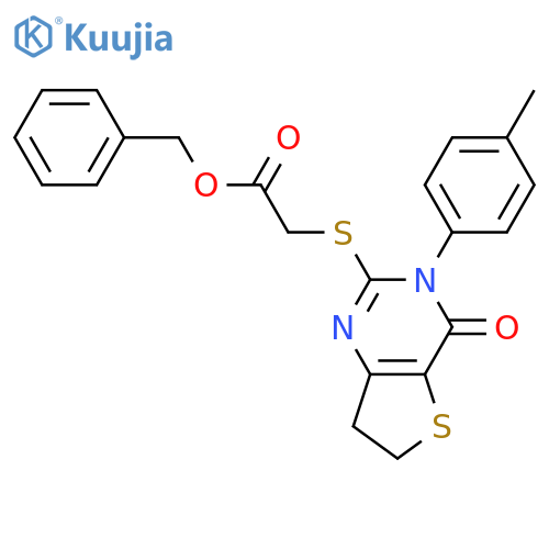 benzyl 2-{3-(4-methylphenyl)-4-oxo-3H,4H,6H,7H-thieno3,2-dpyrimidin-2-ylsulfanyl}acetate structure