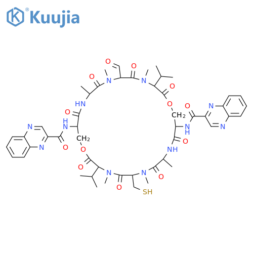 N,N'-[6-formyl-4,7,9,17,20,22-hexamethyl-2,5,8,11,15,18,21,24-octaoxo-3,16-di(propan-2-yl)-19-(sulfanylmethyl)-1,14-dioxa-4,7,10,17,20,23-hexaazacyclohexacosane-12,25-diyl]diquinoxaline-2-carboxamide structure