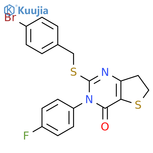 2-{(4-bromophenyl)methylsulfanyl}-3-(4-fluorophenyl)-3H,4H,6H,7H-thieno3,2-dpyrimidin-4-one structure