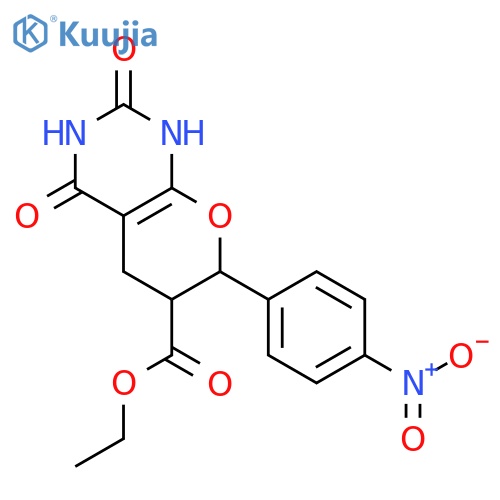 2H-Pyrano[2,3-d]pyrimidine-6-carboxylicacid, 1,3,4,5,6,7-hexahydro-7-(4-nitrophenyl)-2,4-dioxo-, ethyl ester structure