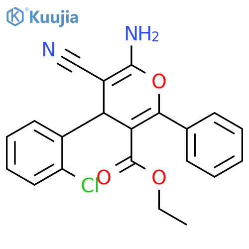 4H-Pyran-3-carboxylicacid, 6-amino-4-(2-chlorophenyl)-5-cyano-2-phenyl-, ethyl ester structure
