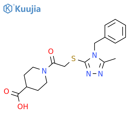 <br>1-{[(4-benzyl-5-methyl-4H-1,2,4-triazol-3-yl)thio]acetyl}piperidine-4-carbo xylic acid structure