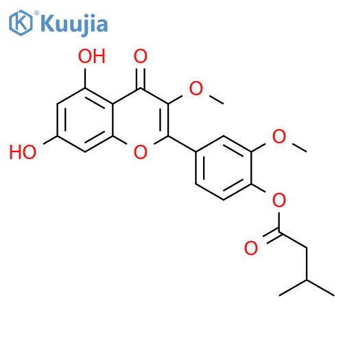 Butanoic acid, 3-methyl-, 4-(5,7-dihydroxy-3-methoxy-4-oxo-4H-1-benzopyran-2-yl)-2-methoxyphenyl ester structure
