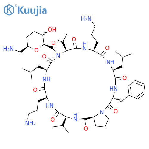 Cyclo(7-amino-2,6-anhydro-4,5,7-trideoxy-L-ribo-heptonoyl-L-valyl-L-ornithyl-L-leucyl-D-phenylalanyl-L-prolyl-L-valyl-L-ornithyl-L-leucyl) structure