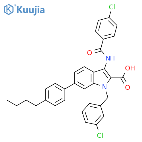 1H-Indole-2-carboxylic acid,6-(4-butylphenyl)-3-[(4-chlorobenzoyl)amino]-1-[(3-chlorophenyl)methyl]- structure
