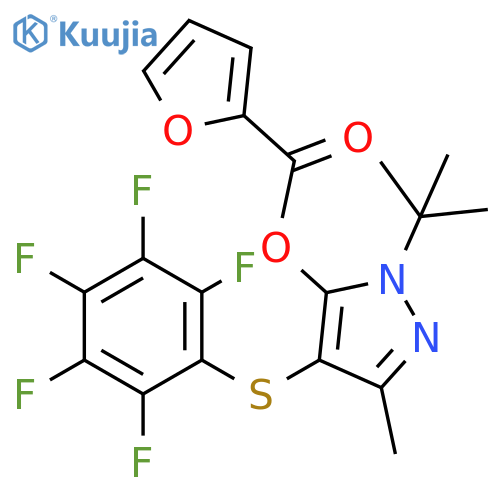 1-tert-butyl-3-methyl-4-(2,3,4,5,6-pentafluorophenyl)sulfanyl-1H-pyrazol-5-yl furan-2-carboxylate structure