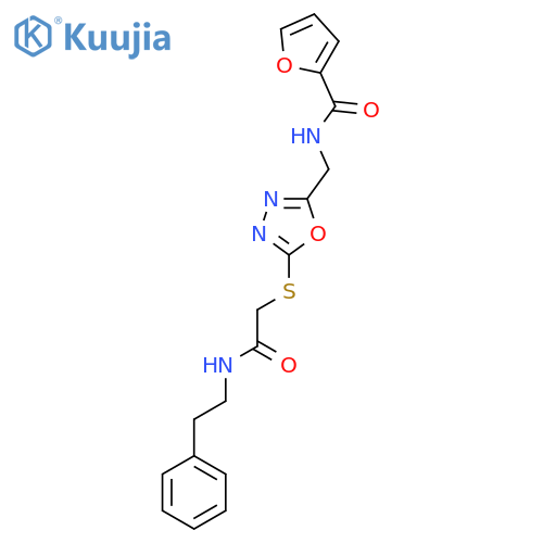 N-{5-({(2-phenylethyl)carbamoylmethyl}sulfanyl)-1,3,4-oxadiazol-2-ylmethyl}furan-2-carboxamide structure