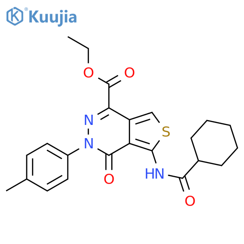 ethyl 5-cyclohexaneamido-3-(4-methylphenyl)-4-oxo-3H,4H-thieno3,4-dpyridazine-1-carboxylate structure