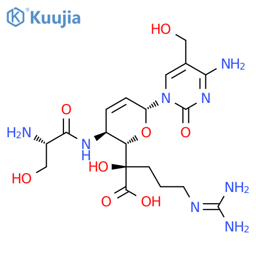 (2R)-2-[(2S,3S,6R)-6-[4-amino-5-(hydroxymethyl)-2-oxopyrimidin-1(2H)-yl]-3-{[(2S)-2-amino-3-hydroxypropanoyl]amino}-3,6-dihydro-2H-pyran-2-yl]-5-[(diaminomethylidene)amino]-2-hydroxypentanoic acid (non-preferred name) structure