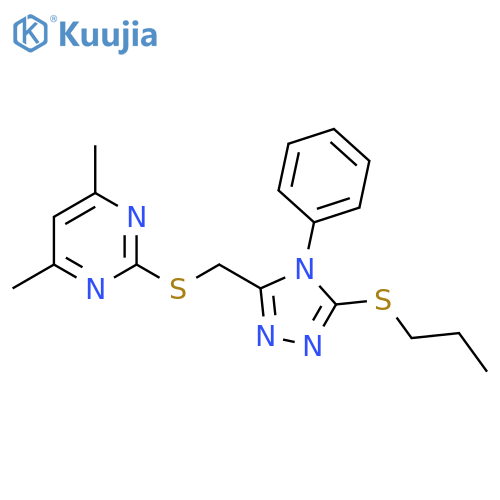 4,6-dimethyl-2-({4-phenyl-5-(propylsulfanyl)-4H-1,2,4-triazol-3-ylmethyl}sulfanyl)pyrimidine structure