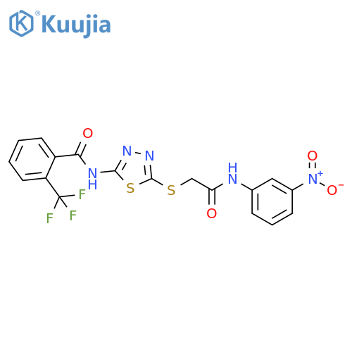 N-5-({(3-nitrophenyl)carbamoylmethyl}sulfanyl)-1,3,4-thiadiazol-2-yl-2-(trifluoromethyl)benzamide structure