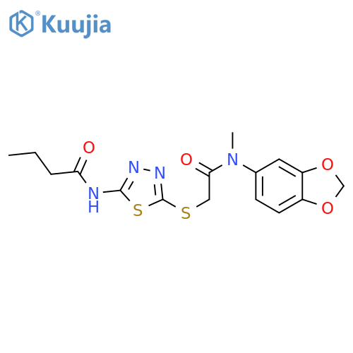 N-{5-({(2H-1,3-benzodioxol-5-yl)methylcarbamoyl}methyl)sulfanyl-1,3,4-thiadiazol-2-yl}butanamide structure