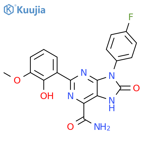 9-(4-fluorophenyl)-2-(2-hydroxy-3-methoxyphenyl)-8-oxo-8,9-dihydro-7H-purine-6-carboxamide structure
