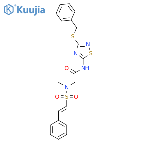 N-[3-(benzylsulfanyl)-1,2,4-thiadiazol-5-yl]-2-(N-methyl-2-phenylethenesulfonamido)acetamide structure