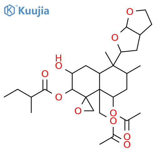 Butanoic acid, 2-methyl-,8-(acetyloxy)-8a-[(acetyloxy)methyl]-5-(hexahydrofuro[2,3-b]furan-2-yl)octahydro-3-hydroxy-5,6-dimethylspiro[naphthalene-1(2H),2'-oxiran]-2-ylester, [1R-[1a,2b,3a,4ab,5b(2S*,3aR*,6aS*),6a,8a,8aa]]-[partial]- structure