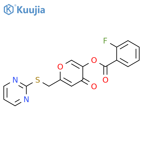 4-oxo-6-(pyrimidin-2-ylsulfanyl)methyl-4H-pyran-3-yl 2-fluorobenzoate structure
