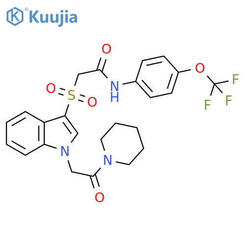 2-({1-2-oxo-2-(piperidin-1-yl)ethyl-1H-indol-3-yl}sulfonyl)-N-4-(trifluoromethoxy)phenylacetamide structure