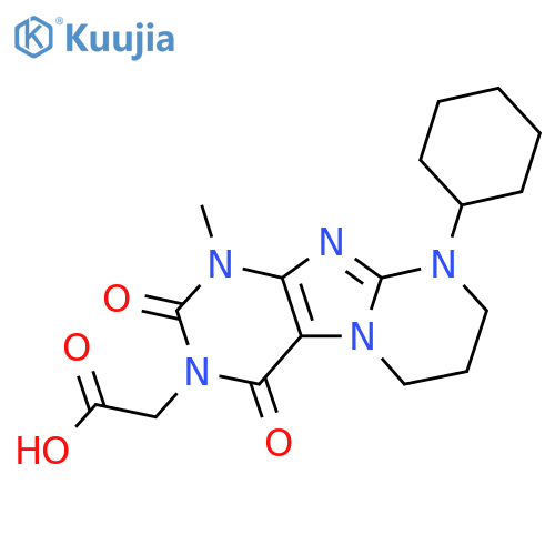 2-{9-cyclohexyl-1-methyl-2,4-dioxo-1H,2H,3H,4H,6H,7H,8H,9H-pyrimido1,2-gpurin-3-yl}acetic acid structure
