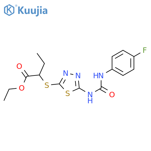 ethyl 2-(5-{(4-fluorophenyl)carbamoylamino}-1,3,4-thiadiazol-2-yl)sulfanylbutanoate structure