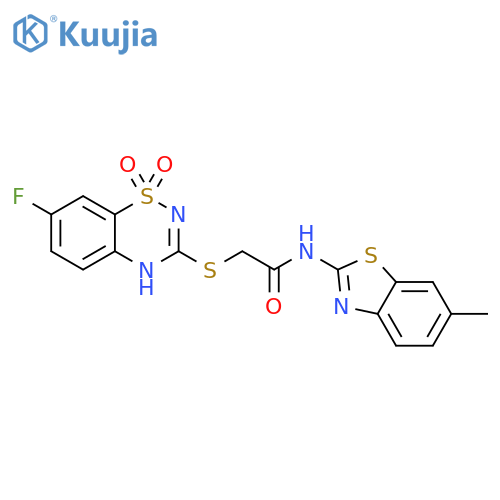 2-(7-fluoro-1,1-dioxo-4H-1lambda6,2,4-benzothiadiazin-3-yl)sulfanyl-N-(6-methyl-1,3-benzothiazol-2-yl)acetamide structure