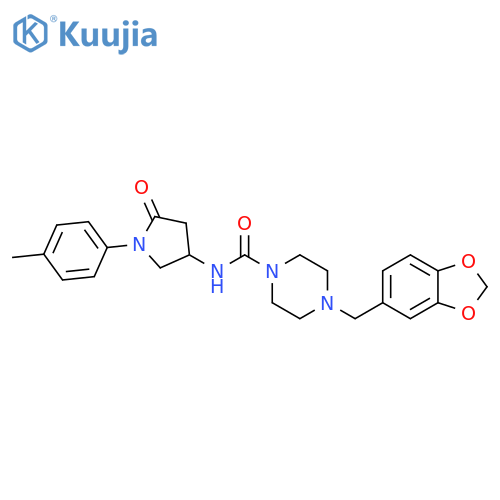 4-(2H-1,3-benzodioxol-5-yl)methyl-N-1-(4-methylphenyl)-5-oxopyrrolidin-3-ylpiperazine-1-carboxamide structure