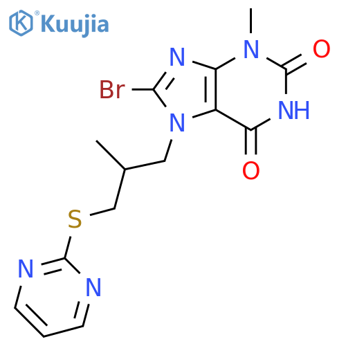 8-bromo-3-methyl-7-2-methyl-3-(pyrimidin-2-ylsulfanyl)propyl-2,3,6,7-tetrahydro-1H-purine-2,6-dione structure