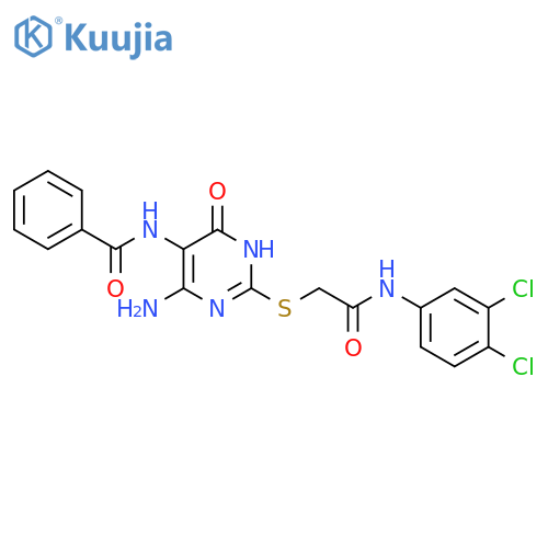 N-4-amino-2-({(3,4-dichlorophenyl)carbamoylmethyl}sulfanyl)-6-oxo-1,6-dihydropyrimidin-5-ylbenzamide structure