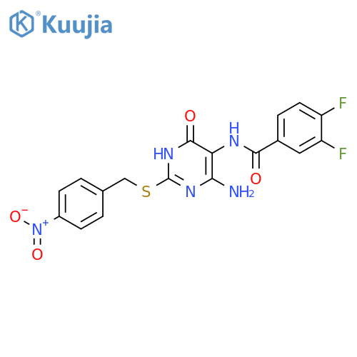 N-(4-amino-2-{(4-nitrophenyl)methylsulfanyl}-6-oxo-1,6-dihydropyrimidin-5-yl)-3,4-difluorobenzamide structure