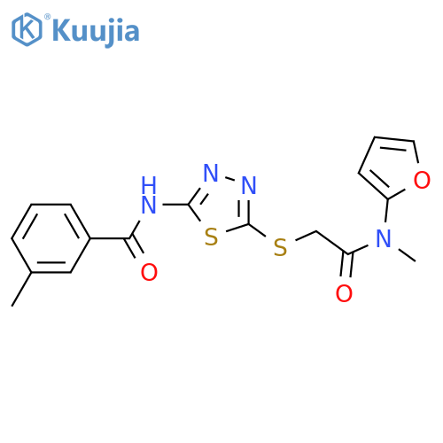 N-{5-({(furan-2-yl)methylcarbamoyl}methyl)sulfanyl-1,3,4-thiadiazol-2-yl}-3-methylbenzamide structure