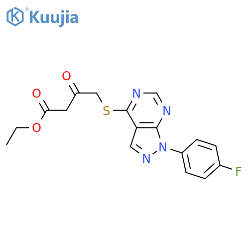ethyl 4-{1-(4-fluorophenyl)-1H-pyrazolo3,4-dpyrimidin-4-ylsulfanyl}-3-oxobutanoate structure