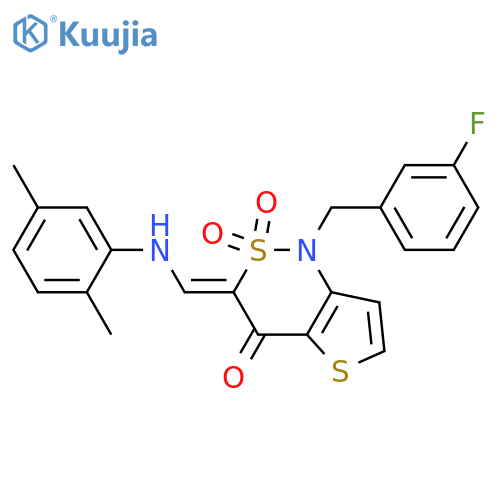 (3Z)-3-{(2,5-dimethylphenyl)aminomethylidene}-1-(3-fluorophenyl)methyl-1H,3H,4H-2lambda6-thieno3,2-c1,2thiazine-2,2,4-trione structure