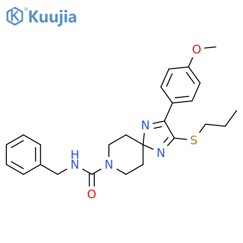 N-benzyl-2-(4-methoxyphenyl)-3-(propylsulfanyl)-1,4,8-triazaspiro4.5deca-1,3-diene-8-carboxamide structure